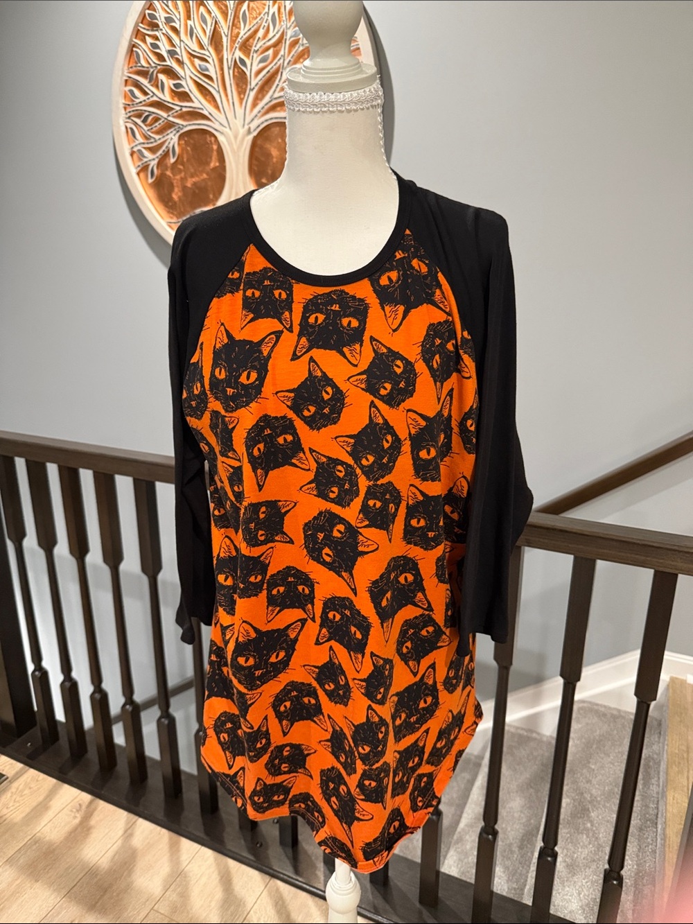 Lularoe Halloween Ornage & Black Cat Print Raglan Top